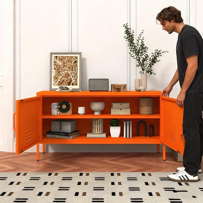 Orange Lockable Metal TV Stand Entertainment Center, Heavy Duty Storage Cabinet Supports 80+ Inch TVs, Multifunctional Media Console for Home Living Room Office 22" H X 35.4" W X 13.8" D