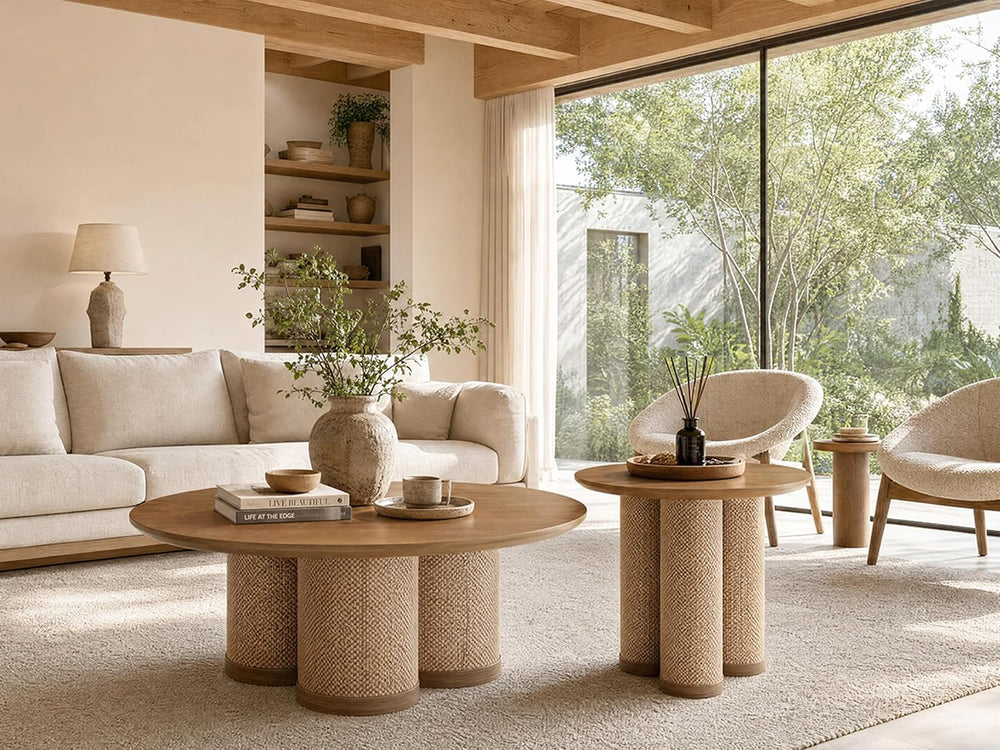 20" Round Walnut Wood End Table, Modern Side Table with 3 Textured Cylin...