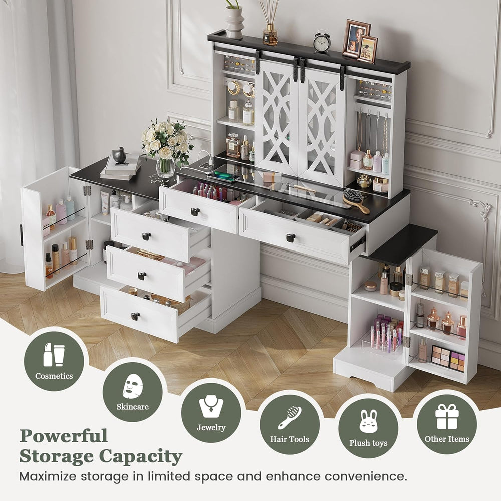 TAGELIER Farmhouse Large Makeup Vanity with Mirror & Lights | Vanity Desk...