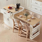 82.7” Kitchen Island with Extendable Dining Table for 4-6 Person, Two-Tone Dining Table with Double-Sized Storage, Power Outlet, Kitchen Island with 2 Side Open Shelves Storage, White