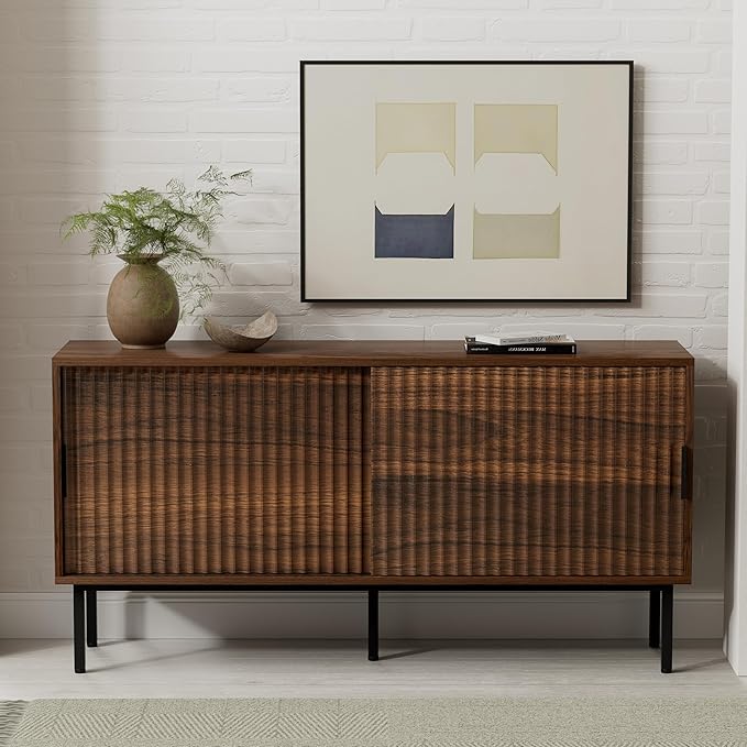 TV Stand for Living Room Farmhouse Entertainment Center with Fluted Sliding Doors TV Console Cabinet with Adjustable Shelf and Storage Media Console, Brown