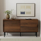 TV Stand for Living Room Farmhouse Entertainment Center with Fluted Sliding Doors TV Console Cabinet with Adjustable Shelf and Storage Media Console, Brown