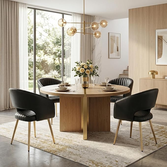 Faux Leather Dining Chairs Gold Legs, Modern Black PU Leather Dining Room Chairs with Arms Set of 4 Upholstered Accent Chair Armchair with Barrel Back for Kitchen Living Room