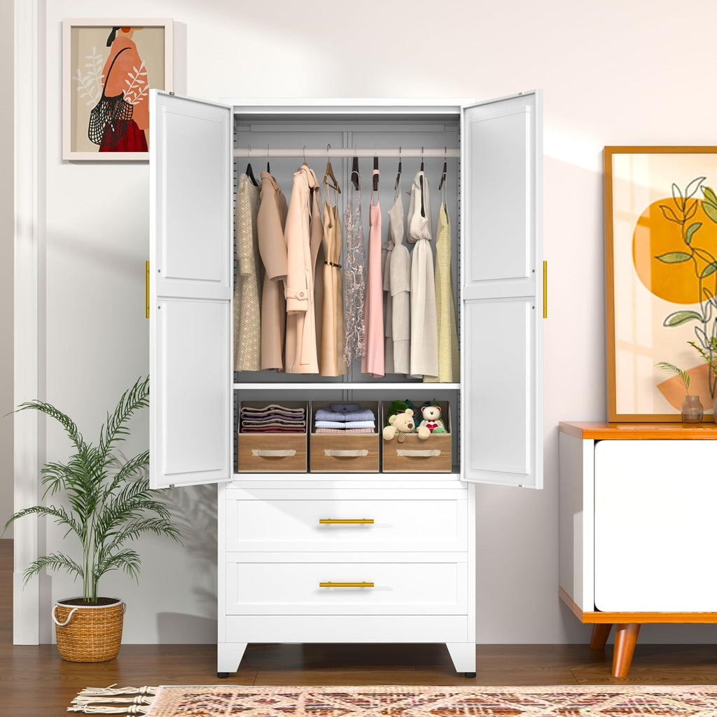 Metal Clothing Storage Cabinet with Adjustable Shelves and Hanging rods. A Household Steel Wardrobe Storage Cabinet with Drawers (Wardrobe - White).