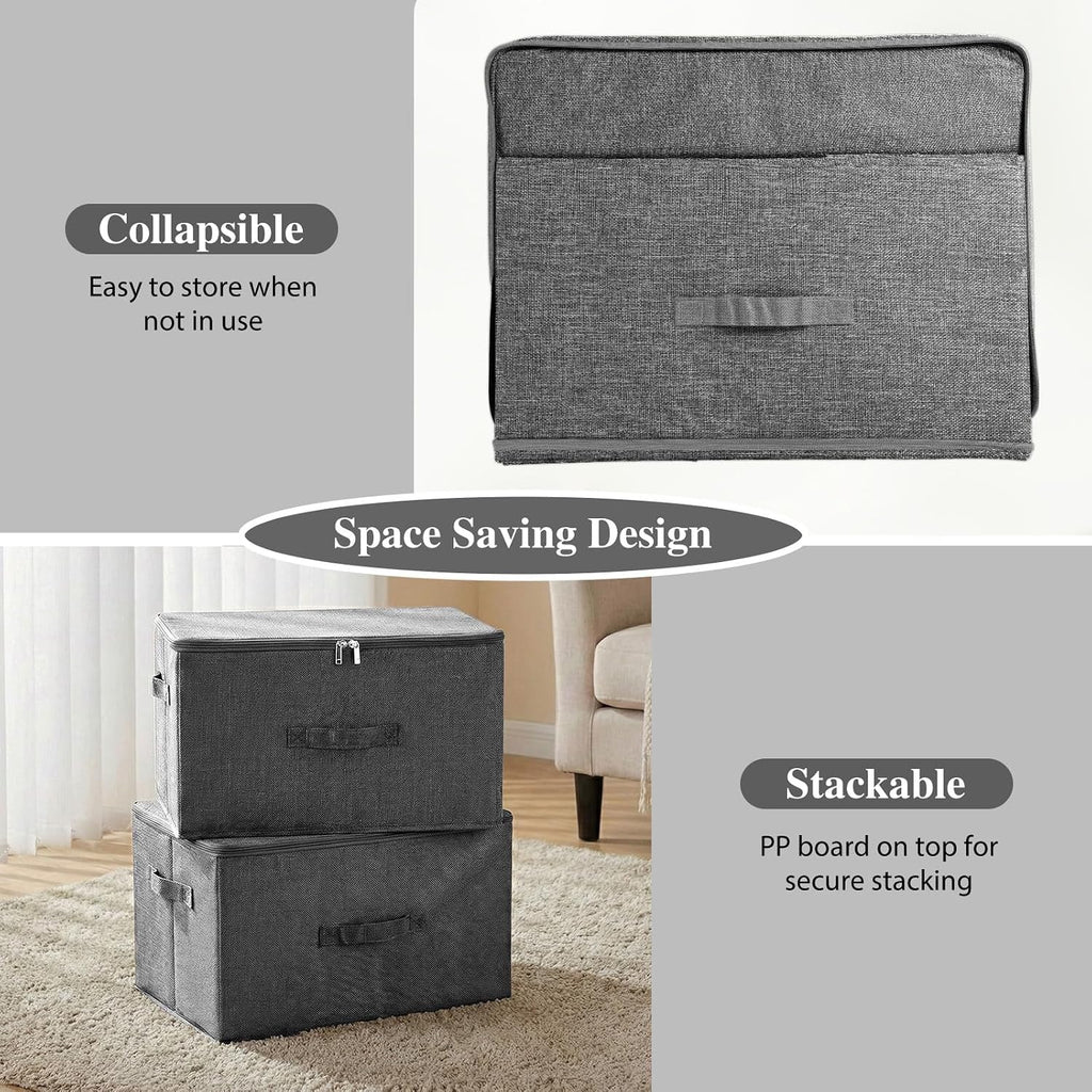 ANMINY Fabric Storage Bins with Zipper Lids, 15"x10"x6", Gray, 1 PCS | 15.6Qt Cotton Linen Storage Box, PP Board Frame, Washable Collapsible, with Handles & 3-side Open Lid, Stackable, Small