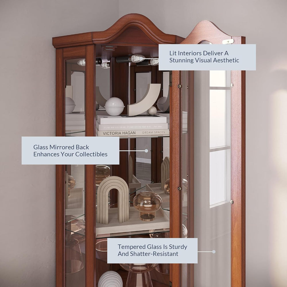 BELLEZE Lighted 3-Side Glass Display Curio Cabinet w/Tempered Glass Doors and...