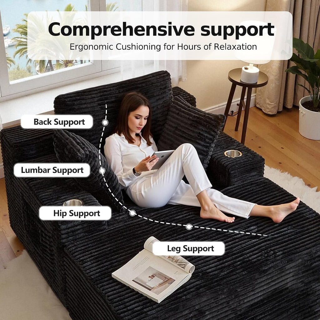 66" Chaise Lounge Chair Indoor,Oversized Boneless Single Sleeeper Couch Bed,Cloud Sofa with 3 Soft Pillows for Livingroom,Bedroom,No Assembly (Black, 66inch)