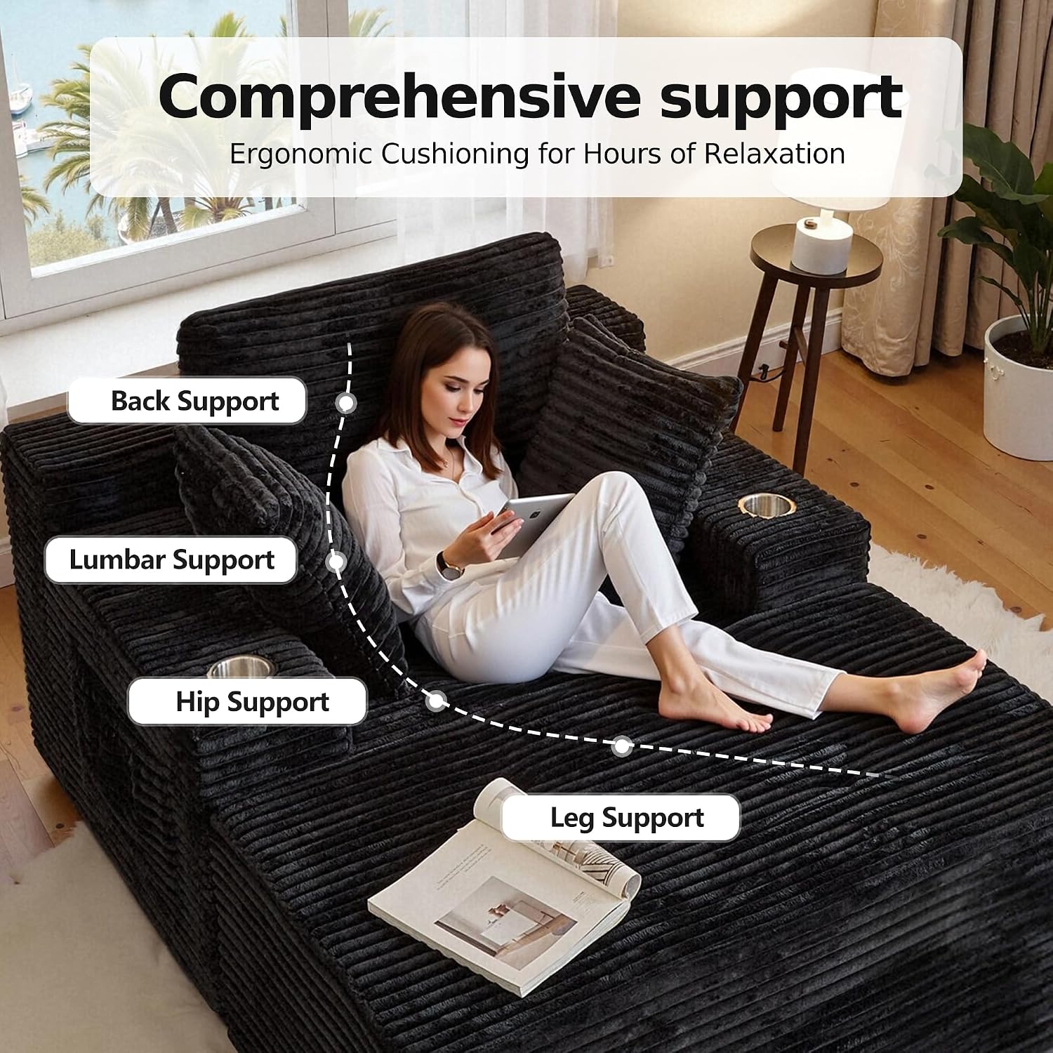 66" Chaise Lounge Chair Indoor,Oversized Boneless Single Sleeeper Couch Bed,Cloud Sofa with 3 Soft Pillows for Livingroom,Bedroom,No Assembly (Black, 66inch)