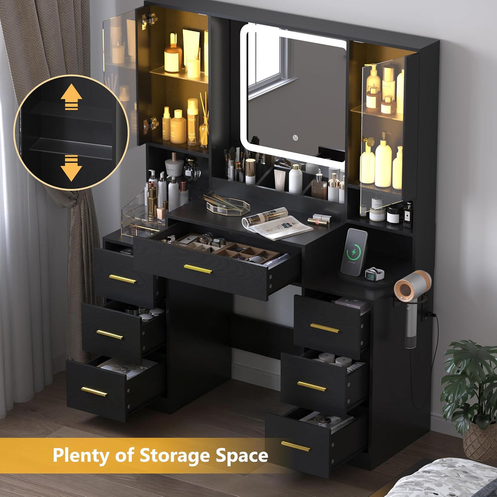 Wodeer Black Makeup Vanity Desk with Mirror & Lights, Modern Vanity Table...