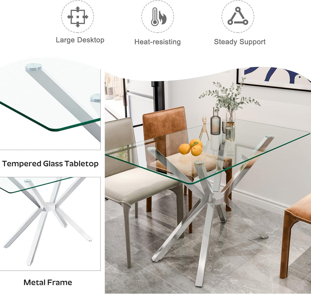 yeag Modern Rectangular Glass Dining Table Set, 47" Clear Tempered Glass...