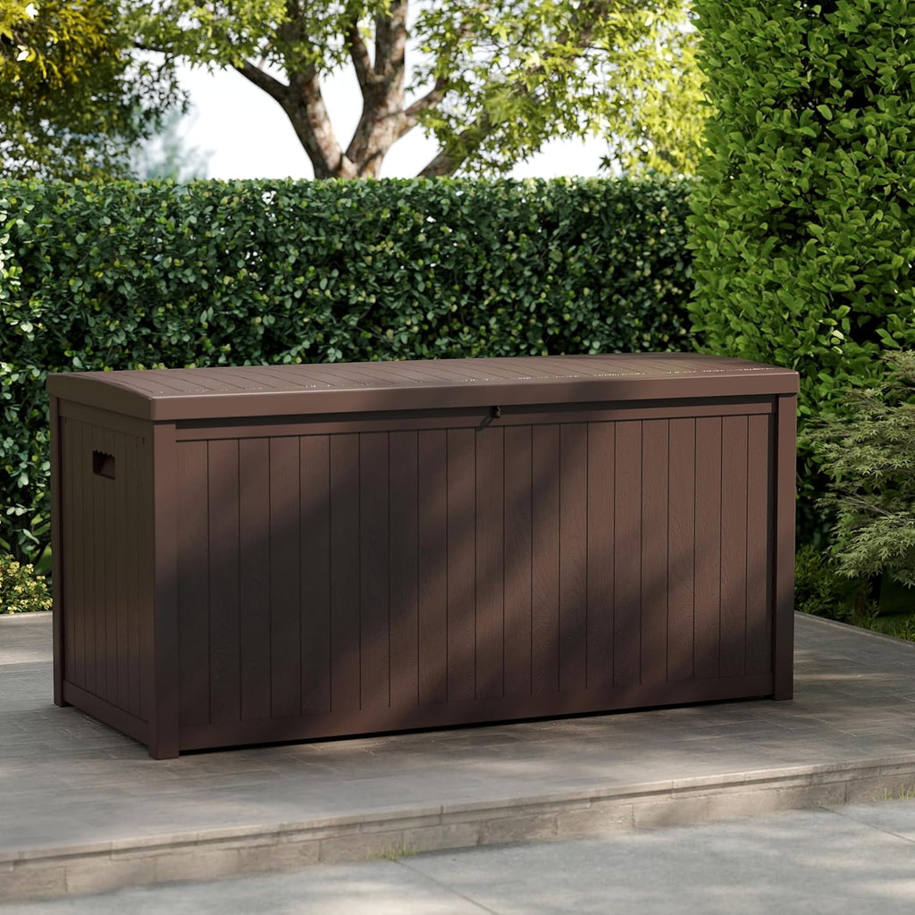 ZYJOYY Outdoor Storage Box, 120 Gallon Deck Box Indoor and Outdoor Use, Waterproof Resin Storage Bin for Patio Cushions, Gardening Tools, Lockable, UV Resistant, Brown
