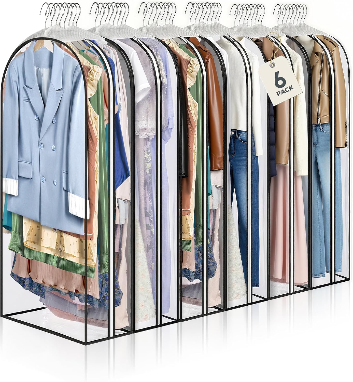 6 pcs 40" Garment Bags for Hanging Clothes, Clear Suit Bags for Closet Storage Clothing Storage, Garment Bags for Travel Covers with 10" Gussets for Coats, Jackets, Shirts and Sweater