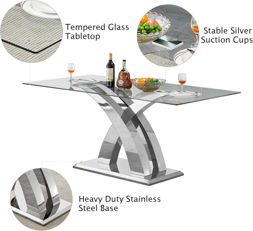 70'' Modern Glass Dining Table for 4-8 People, High Gloss Stainless S...