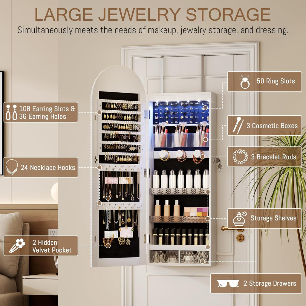LVSOMT Wall Mounted Jewelry Organizer Lockable, 43"x16" Door Hanging Arched Mirror with Lights and Jewelry Storage, 6 LEDs Jewelry Cabinet (White)