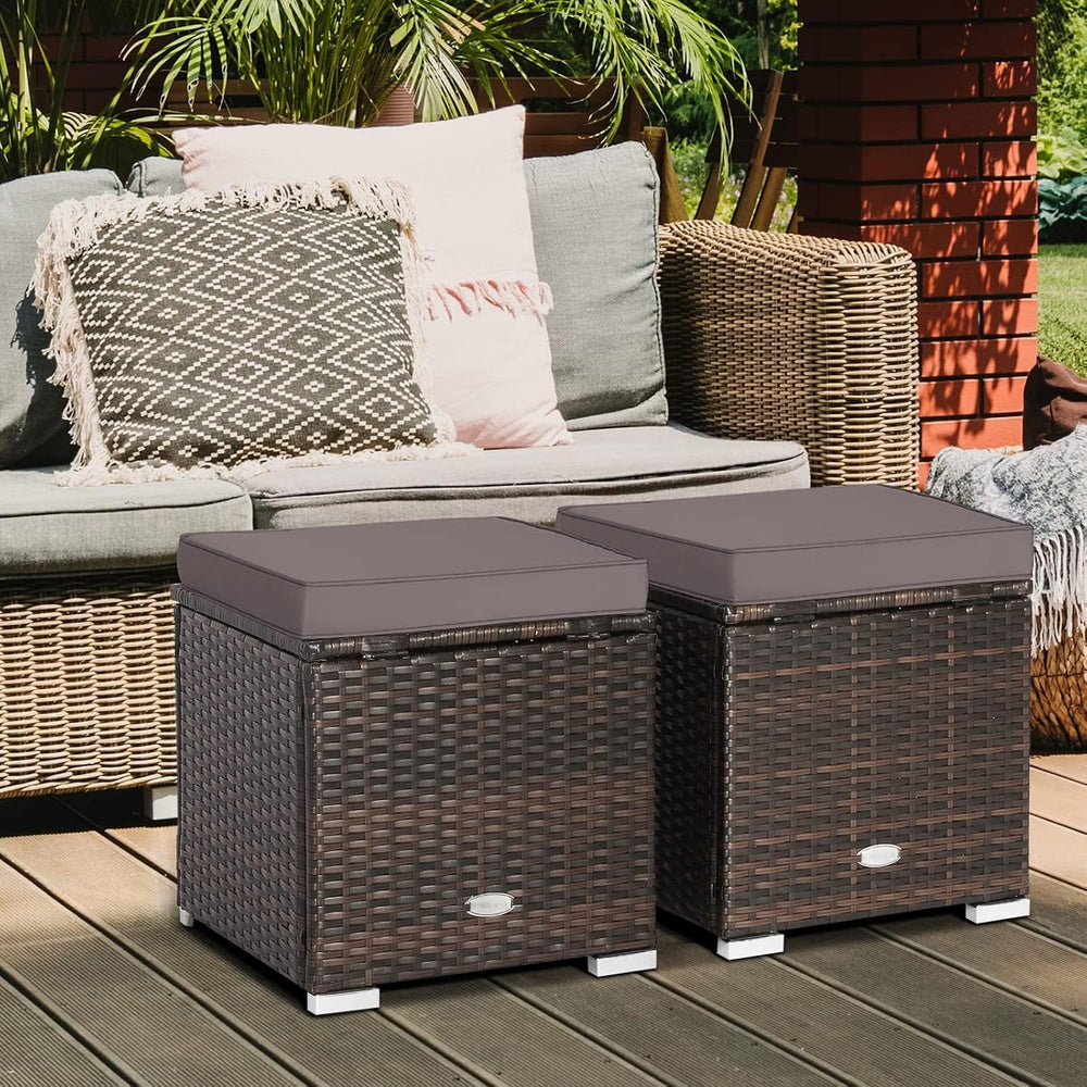 HAPPYGRILL 2PCS Patio Ottoman Set Outdoor Wicker Stool with Storage, Rattan F...