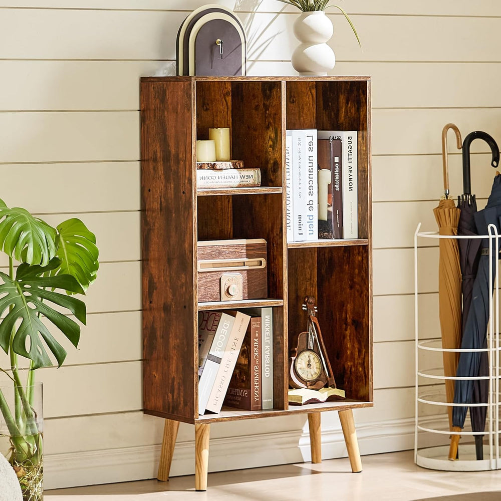 LEYAOYAO 5 Cube Small Bookshelf,3 Tier Mid-Century Bookcase with Legs,Wood Bo...