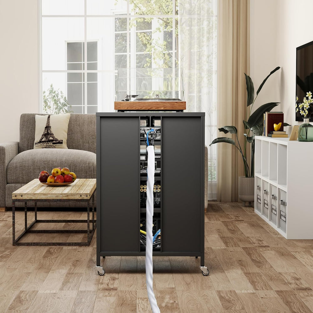 Stereo Cabinet, Metal Media Storage Cabinet with Glass Doors, Audio-Video Med...
