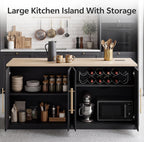 Large Kitchen Island, 63" L Kitchen Island Table with Power Outlet | Wooden Island Bar Table with 4 Arch Doors Kitchen Island with Storage Cabinet & Seating Room for Dining Room, Home Bar, Black