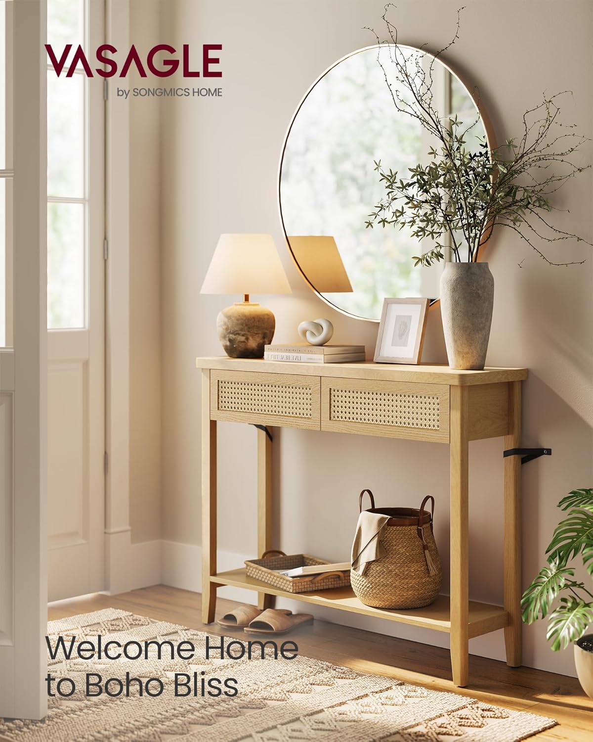 VASAGLE Console Sofa Table, Narrow Entryway Table, 2 Drawers, Open Storage Shelf, Rounded Corners, for Living Room, Boho Style, Oak Beige ULNT016YC01S