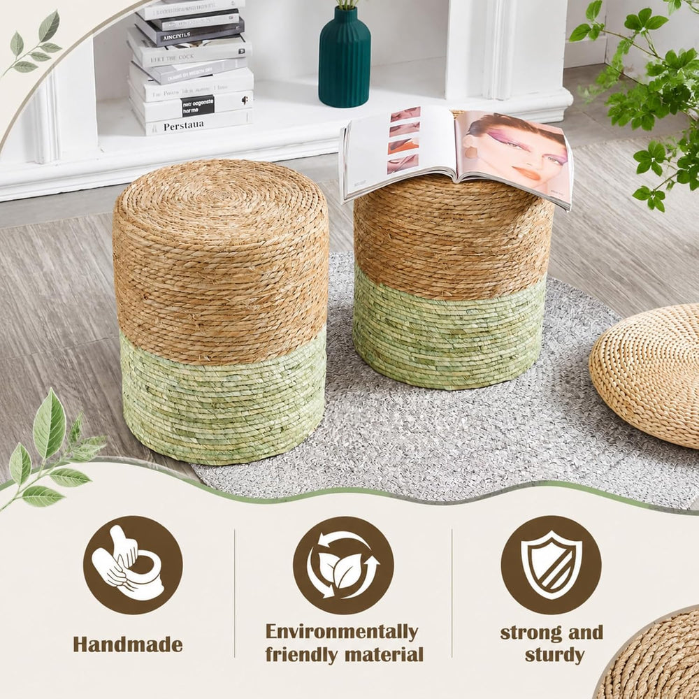 Barydat 2 Pcs 15'' Ottoman Pouf Natural Seagrass Braided Poof Hand We...