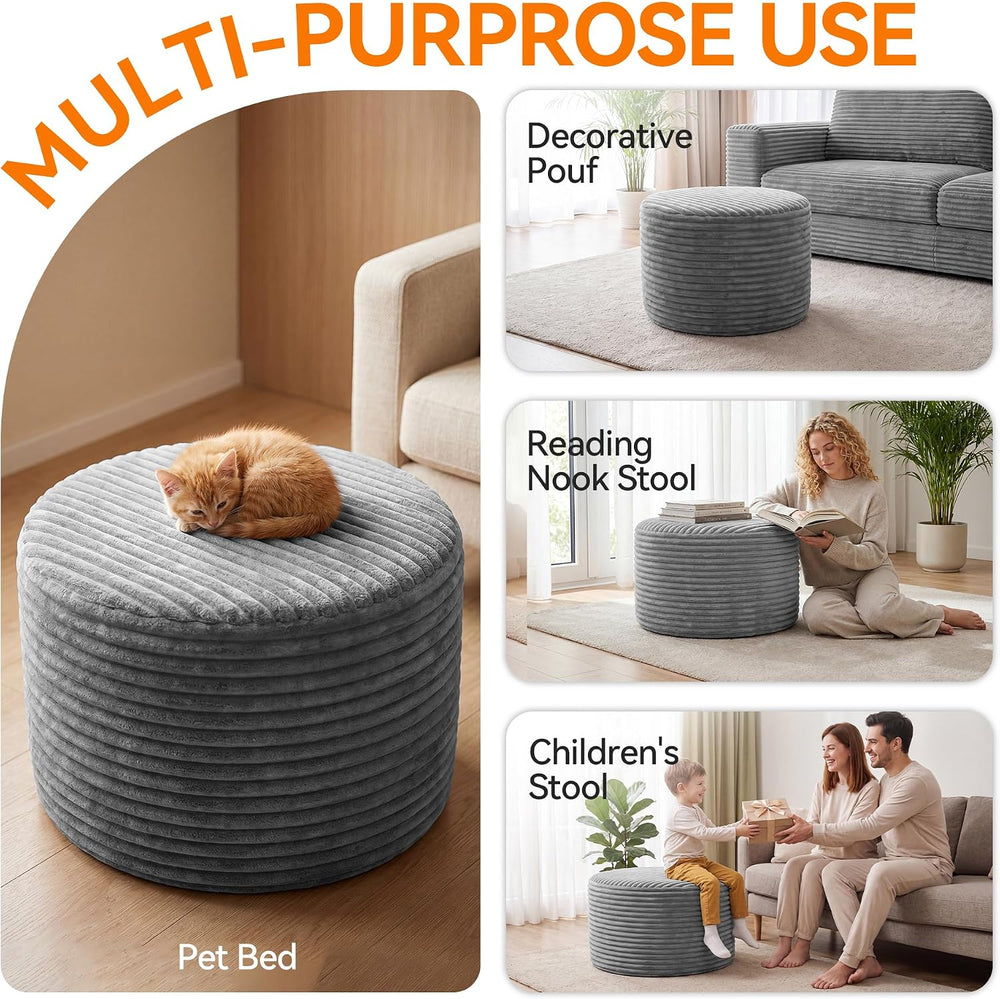 20in Round Pouf Ottoman, Large Corduroy Ottoman Foot Rest with Solid High-Den...