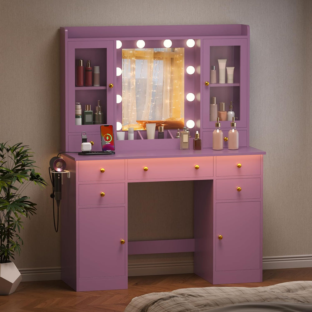 HUANLEGO Purple Vanity Desk with Mirror and Lights for Girls Women | Makeup V...