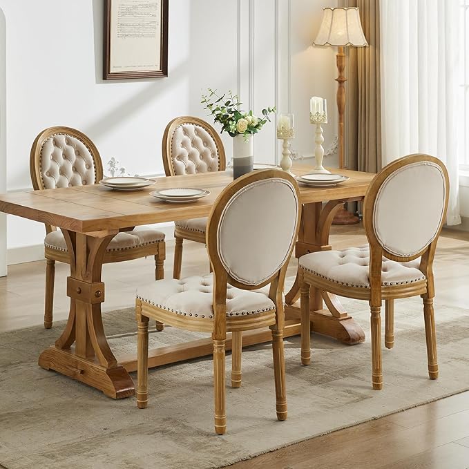 French Country Dining Chairs Set of 4, Beige Kitchen & Dining Room Chairs, Velvet Kitchen Chairs, Tufted Upholstered, Wood Legs, Sillas De Comedor (Velvet, Beige, 4 Pcs)