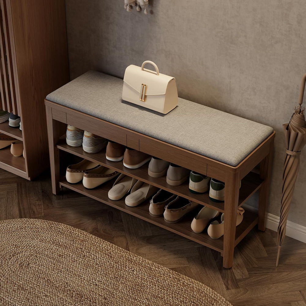 Shoe Bench with Storage, Wooden Shoe Storage Bench with Cushion&Hidden Dr...