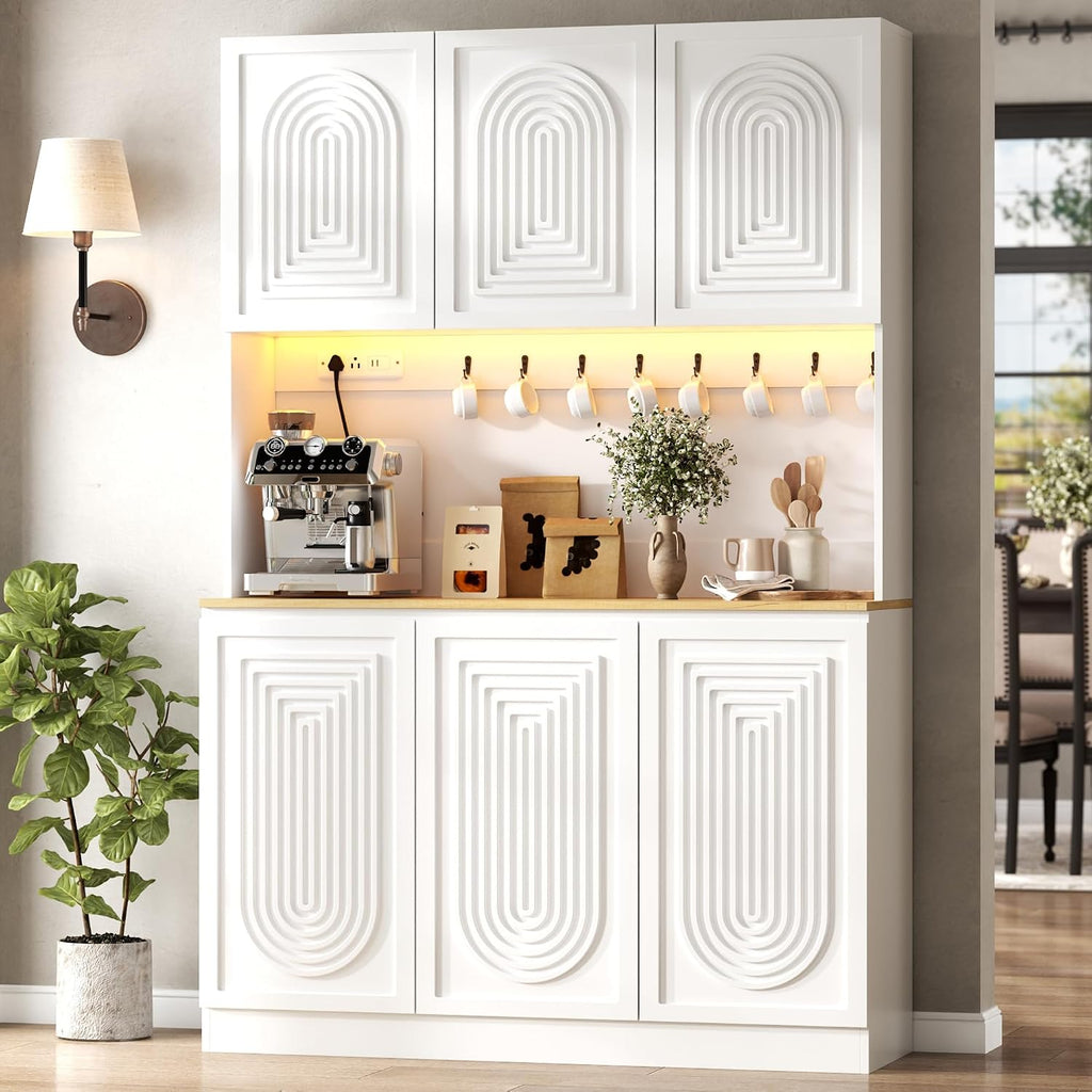 71" Black Kitchen Pantry with Power Outlet & LED Light, Large Kitchen Hutch Cabinet with Adjustable Shelf, Modern Buffet Cabinet with 6 Doors, Food Pantry Storage for Dining Room (White 6 Doors)