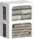 FHSQX 2 Pack Clothes Storage Bins, Ivory White, 16.5x12.2x12.2 Inch | Stackable, Linen Fabric, Foldable Container Organizer, Carrying Handles