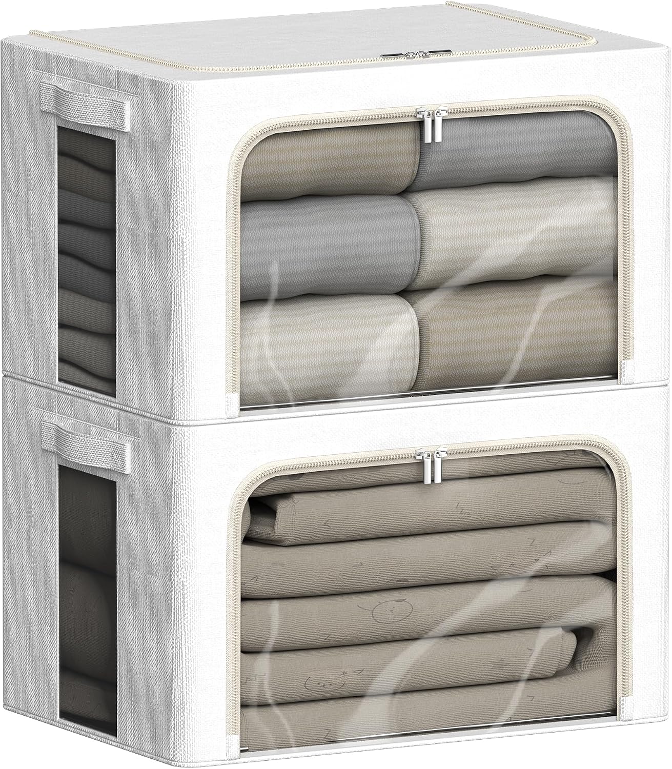 FHSQX 2 Pack Clothes Storage Bins, Ivory White, 16.5x12.2x12.2 Inch | Stackable, Linen Fabric, Foldable Container Organizer, Carrying Handles