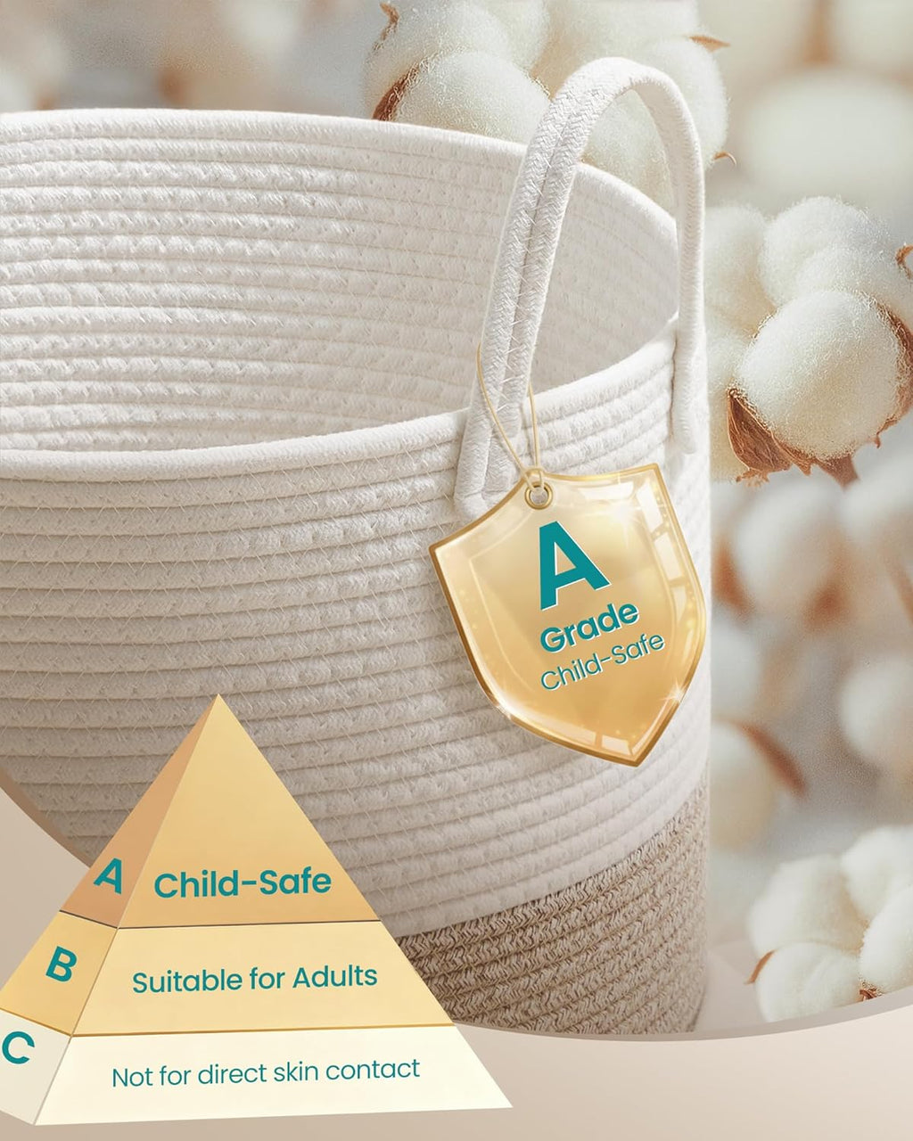 SONGMICS Laundry Hamper, Cotton Rope Laundry Basket with Handles, for Children, Toys, Clothing, Living Room, Bedroom, 15.8 Gallons, 13.8 x 13.8 x 19.7 Inches, White and Grayish Brown URLH061LZ01