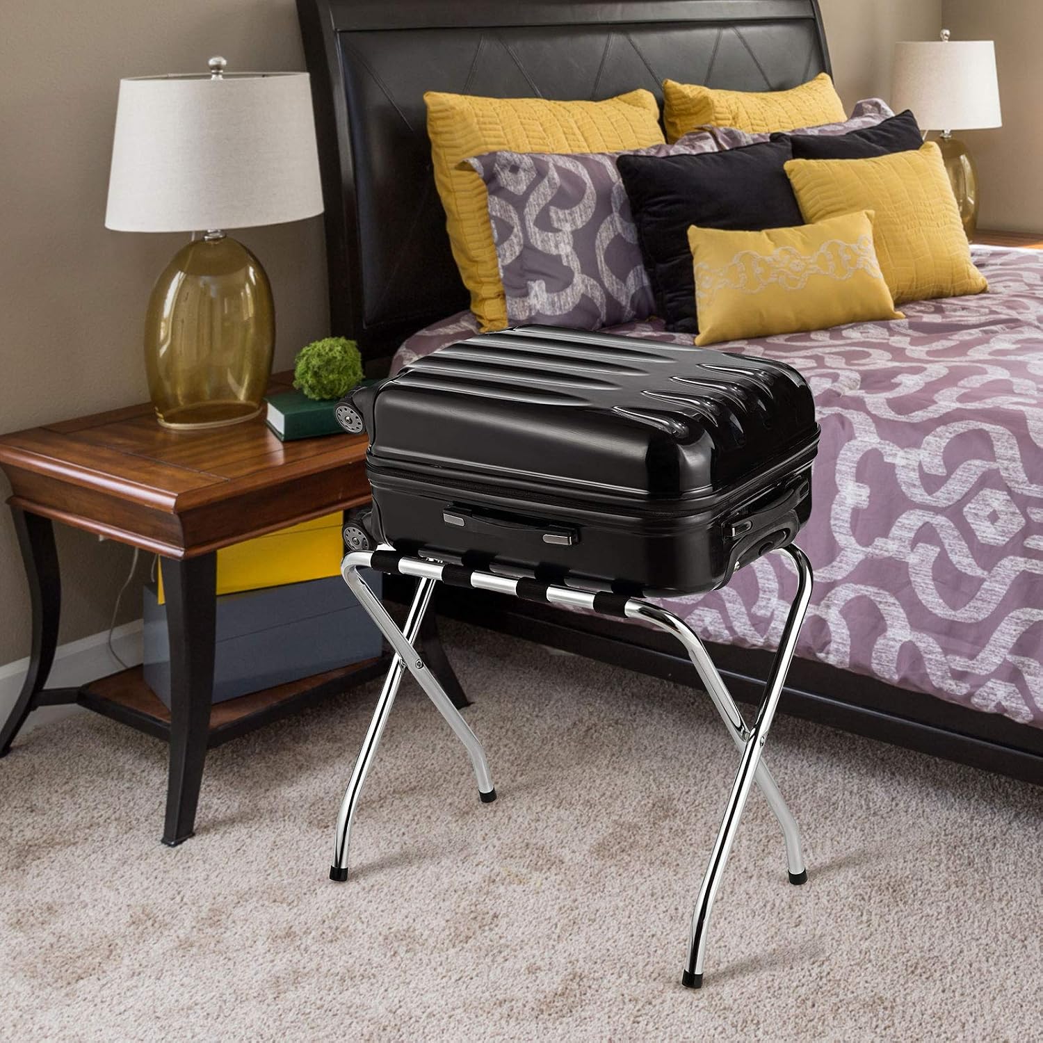 Tangkula Chrome Luggage Rack for Guest Room, No Assembly Required, Folding Metal Suitcase Stand with Nylon Belts, for Home Bedroom Guest Room Hotel, Luggage Rack, Silver (1)