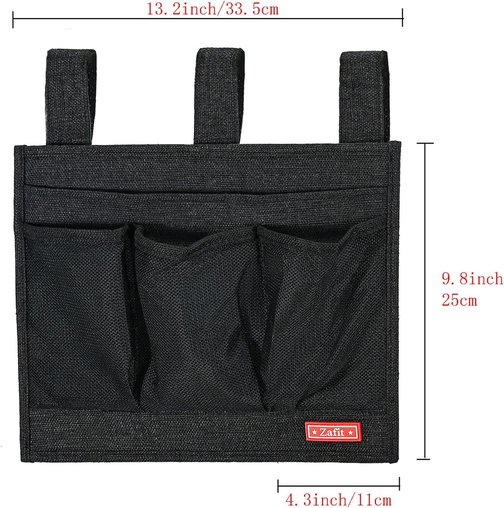 Linen Bedside Caddy, Bedside Storage Organizer for Hospital Beds, College Dorm Rooms or Baby Bed (Classic 4 Pockets Black)