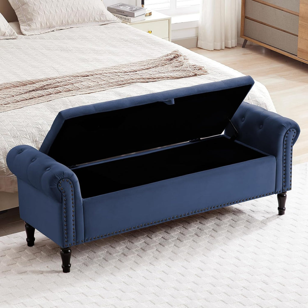 67'' End of Bed Storage Bench King Size, Storage Bench for Bedroom End of Bed, Upholstered Velvet Tufted Storage Ottoman Benches with Arms for Living Room, Entryway, Dark Blue