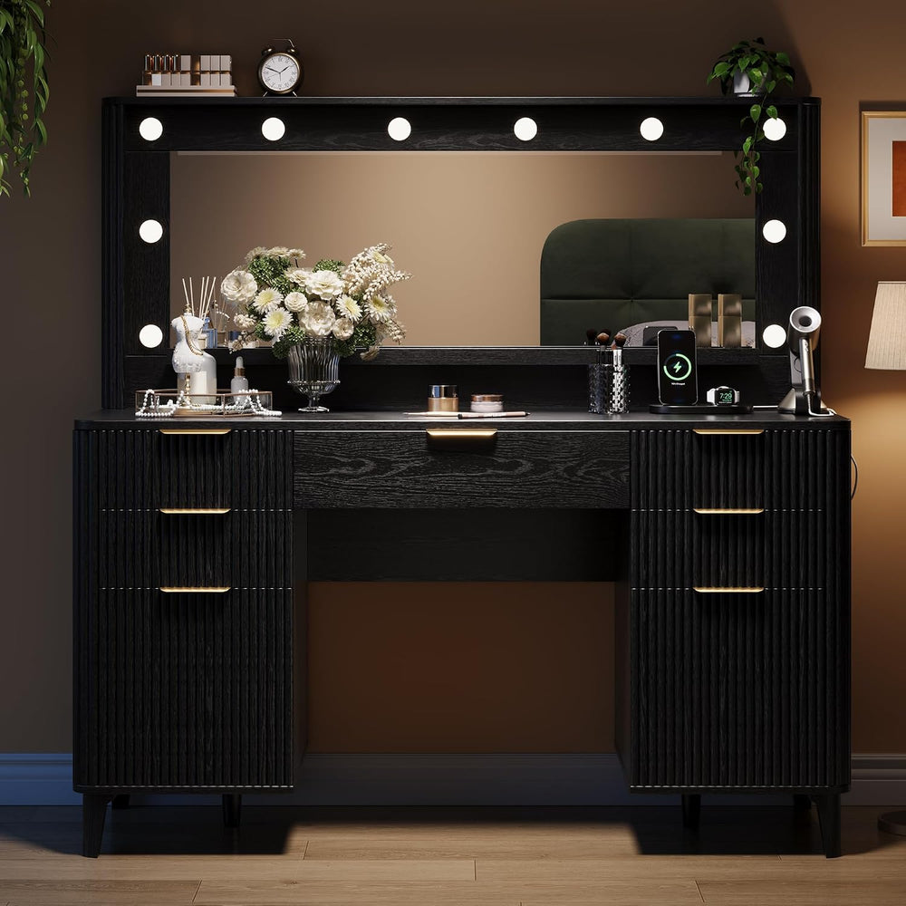Fluted Makeup Vanity Desk with Large 39.3" Mirror and Lights, 48.8"...