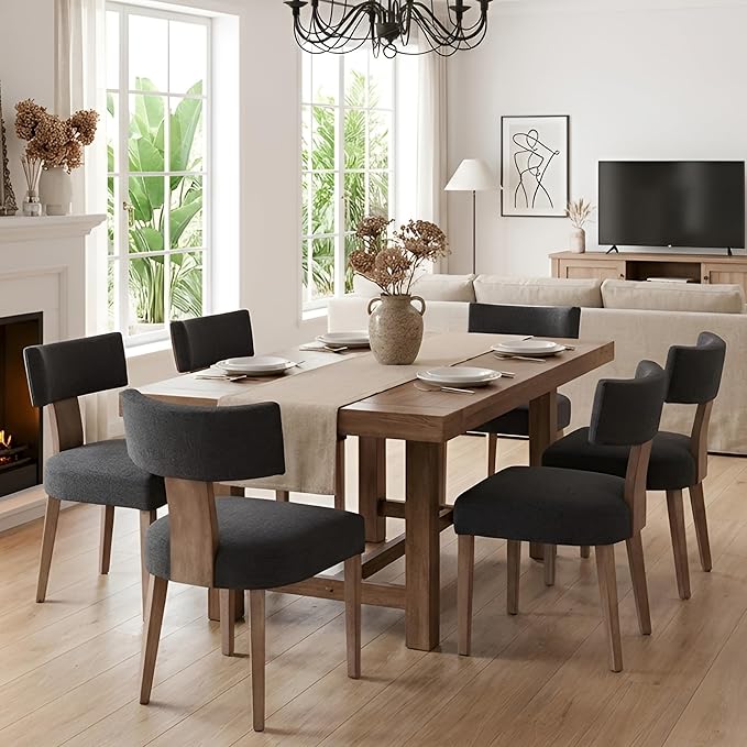 HNY Mid Century Modern Dining Chairs Set of 6, Farmhouse Linen Upholstered Accent Chairs Curved Backrest Kitchen Chairs, with Hardwood Frame, Charcoal