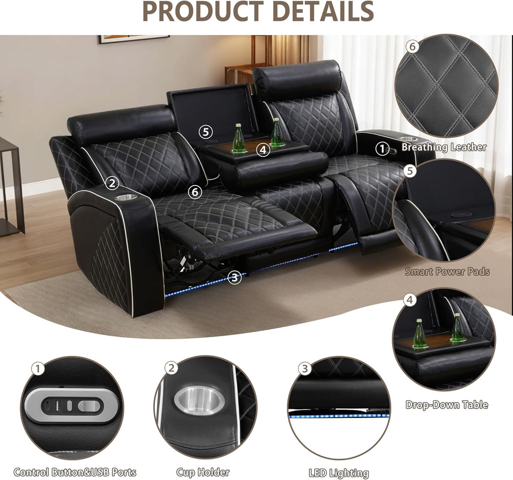 Power Recliner Sofa Set, Breathing Leather Reclining Couch Set, 3 Piece Living Room Furniture Set with LED Lights/Charging Ports/Storage for Home/Office (Black New, Sofa+Loveseat+Chair)