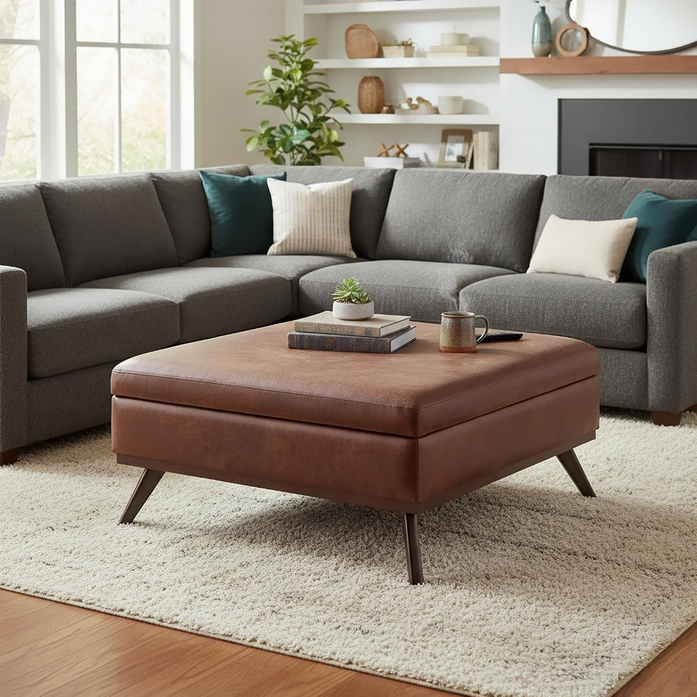 SIMPLIHOME Owen XL Coffee Table Storage Ottoman - 40 inch Wide Upholstered Ve...