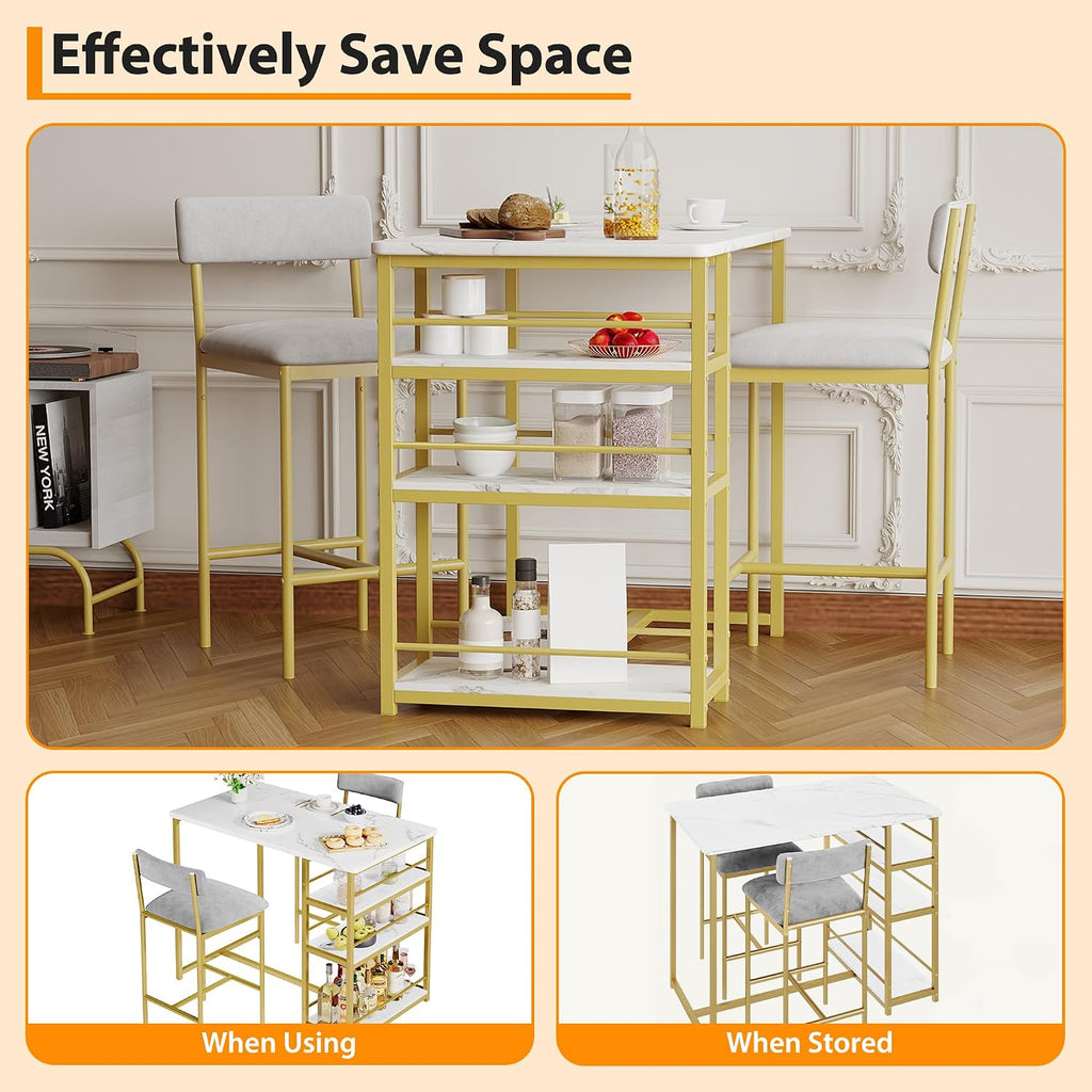 Dining Table Set for 2, Counter Height Kitchen Table and Chairs, Bar Table Set with 2 Upholstered Bar Stools, 3 Piece Dining Room Table Set for Small Space, Apartment, Gold