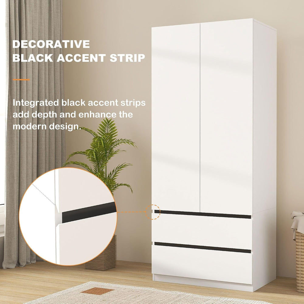 Armoire Wardrobe Closet with Drawers：75" Large White Wardrobe Closet Cab...