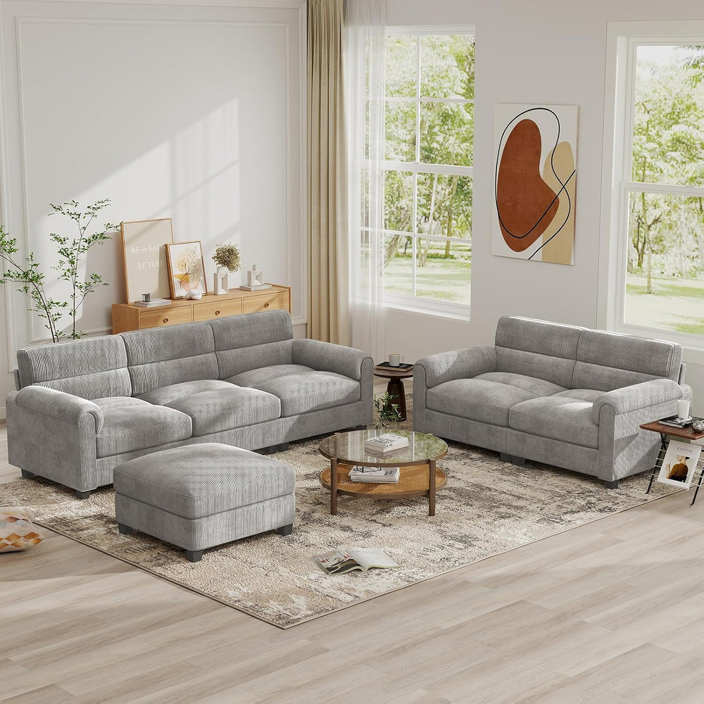 Bonzy Home Corduroy Couch Sets for Living Room, Light Gray
