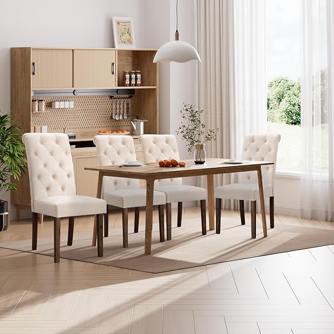 Dining Chairs Set of 4, Button Tufted Parsons Upholstered Chairs with Solid Wood Legs, Mordern Fabric Kitchen Chairs for Dining Room, Beige