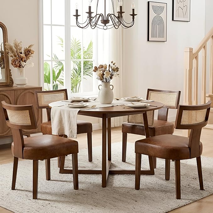 HNY Mid Century Modern Rattan Dining Chairs Set of 6, Farmhouse PU Leather Up...