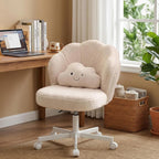 COMHOMA Petal Vanity Chair with Wheels, Cute Desk Chair for Girls Women, Upholstered Home Office Chair with Backrest, Height Adjustable Armless Swivel Chair for Bedroom, Teddy Fleece, Beige