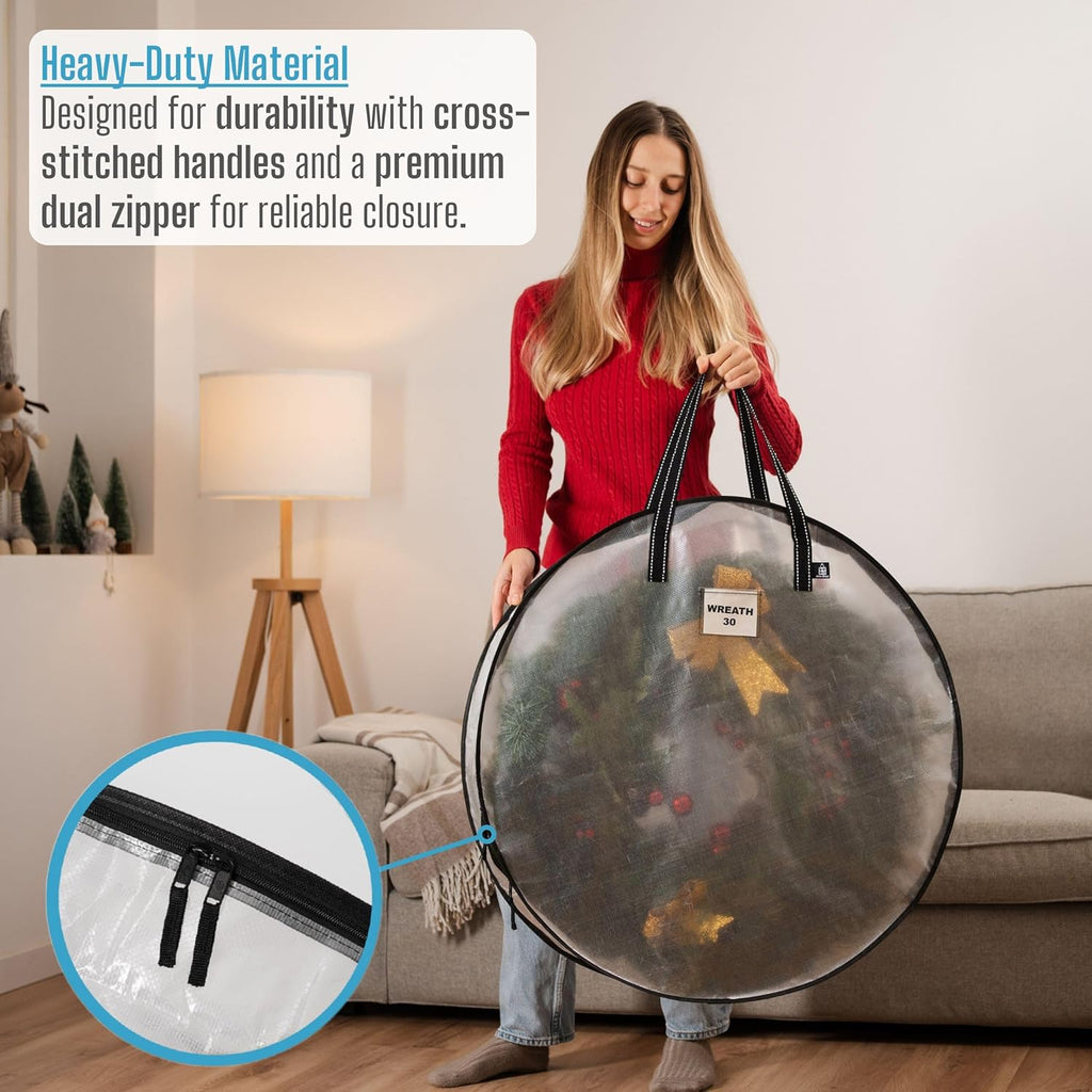 VENO 2 Pack Christmas Wreath Storage Container - 30 Inch Clear Wreath Bag, Christmas Garland and Holiday Decoration Organizers with Zipper and Durable Handles (Clear, 30"-2 Pack)