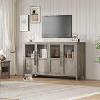 GarveeHome Sideboard Buffet Cabinet with 4 Glass Doors, 55" Buffet Table Coffee Bar Wine Bar Display Cabinet for Kitchen Dining Room, Living Room (Grey, Glass with 4 Doors)