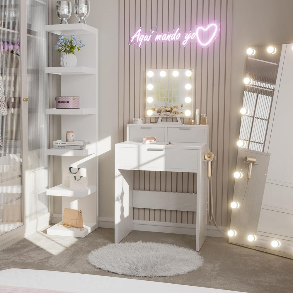 BOLUO White Makeup Vanity Desk with Hollywood Mirror and Lights, Girls Compac...