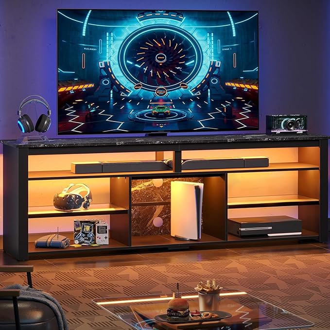 Bestier Tall LED TV Stand for 70/75/80 inch TV, Modern Black Marble Entertainment Center with Storage for PS5, Gaming Console for Living Room & Bedroom