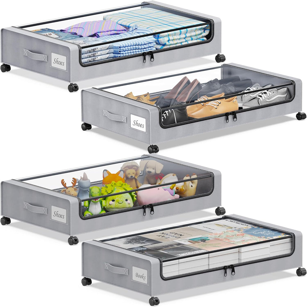 Under Bed Storage with Wheels, 4-Pack Under the Bed Storage Containers with Clear Lids & Label, Underbed Storage Bins, XXL 60L Rolling Metal Drawer for Clothes, Shoes, Toys, Books - Gray